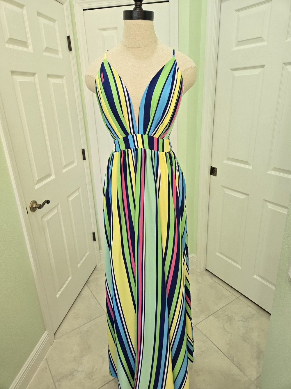 NWOT Vibrant Vacation Multi-Stripe V-Neck Maxi Dress M Resort Beach Cruise